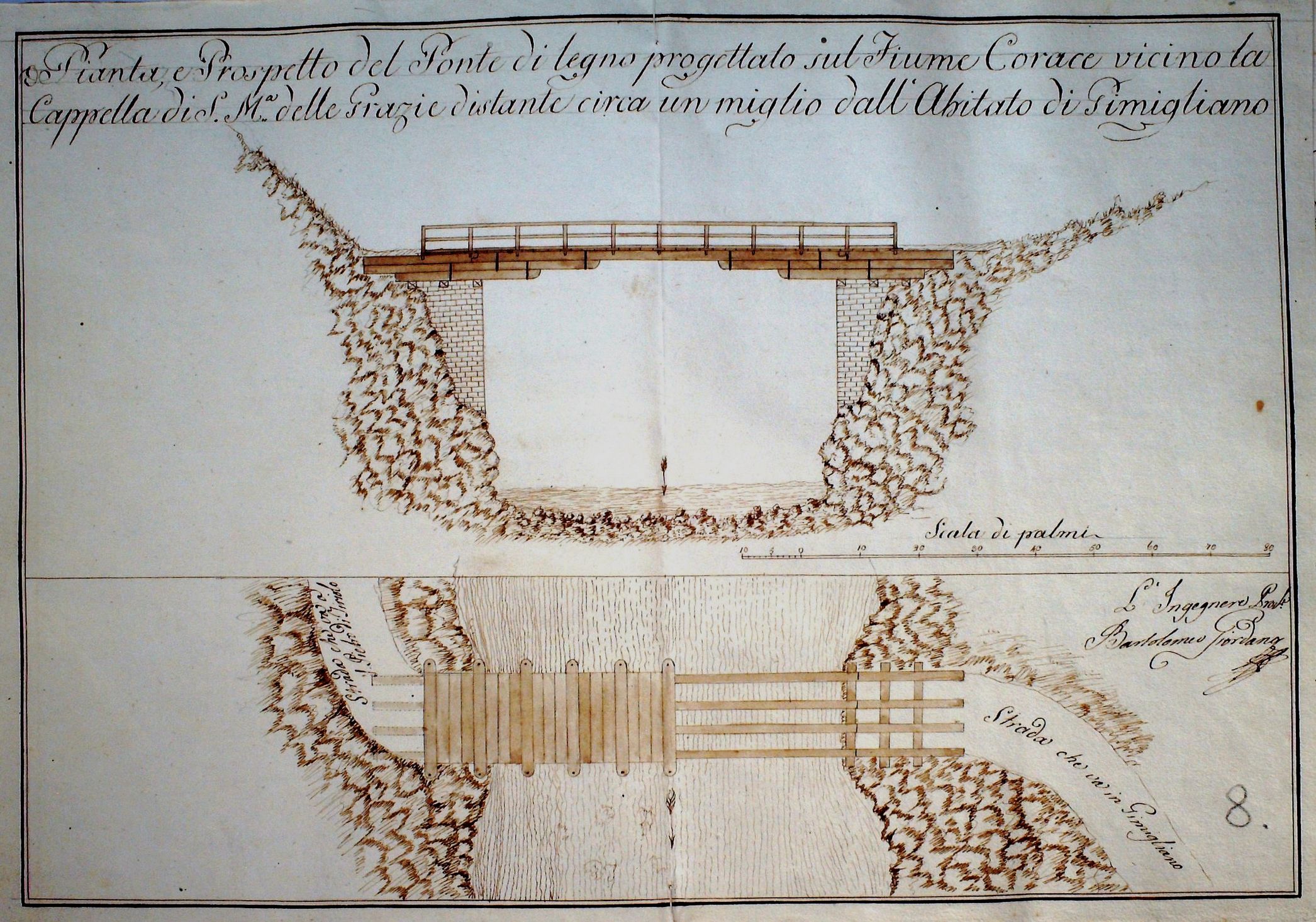 Pianta e prospetto del ponte sul fiume Corace