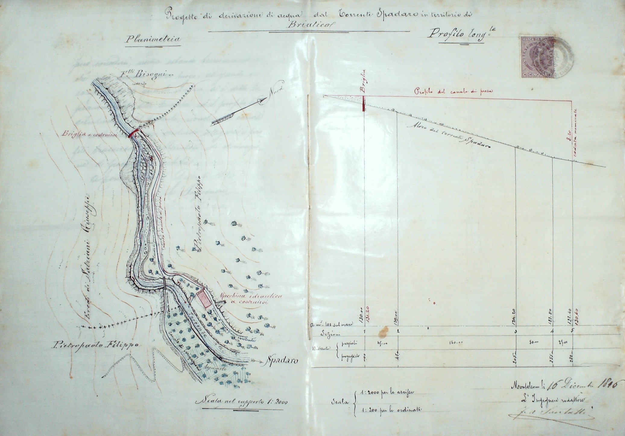 PROGETTO DI DERIVAZIONE DI ACQUA DAL TORRENTE SPADARO PER USO FORZA MOTRICE AD UNA MACCHINA OLEARIA DA COSTRUIRSI DAL SIG. FILIPPO PIETRO PAOLO DI FRANCO