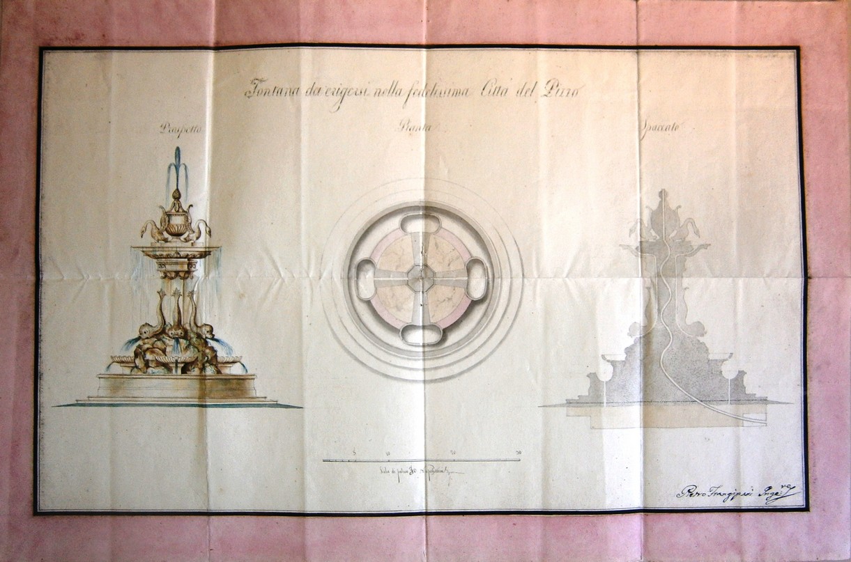 Progetto della Fontana della citt&agrave; di Pizzo pianta prospetto e sezione