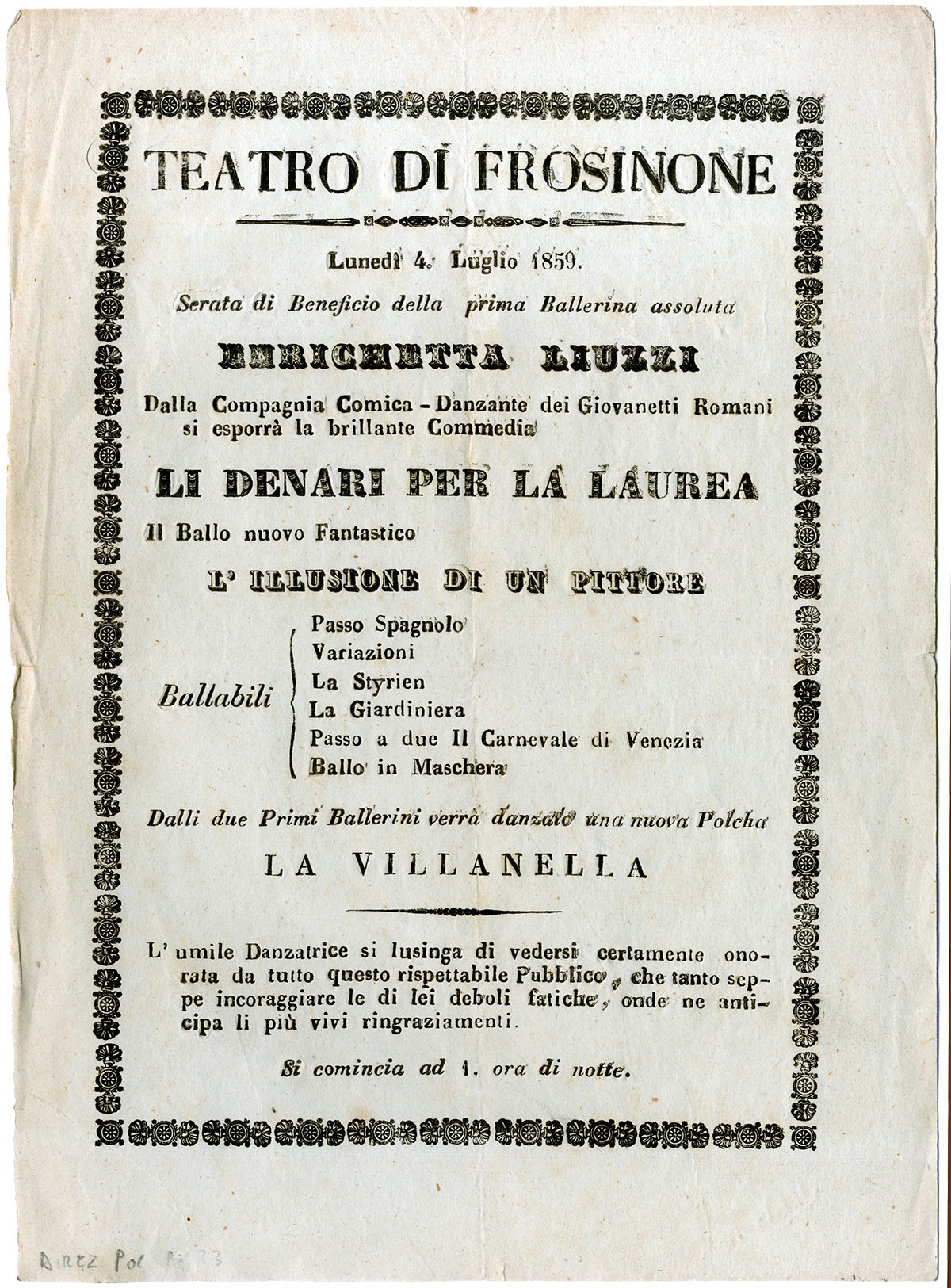 Frosinone, Archivio di Stato, Delegazione apostolica, Direzione provinciale di polizia, Titolo I/3, b.23/B, “1857-1859”, f.77- Volantino