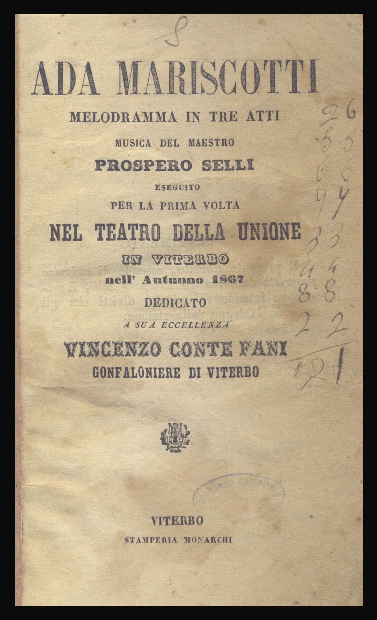 Viterbo, 1867. Teatro dell'Unione: "Ada Mariscotti"