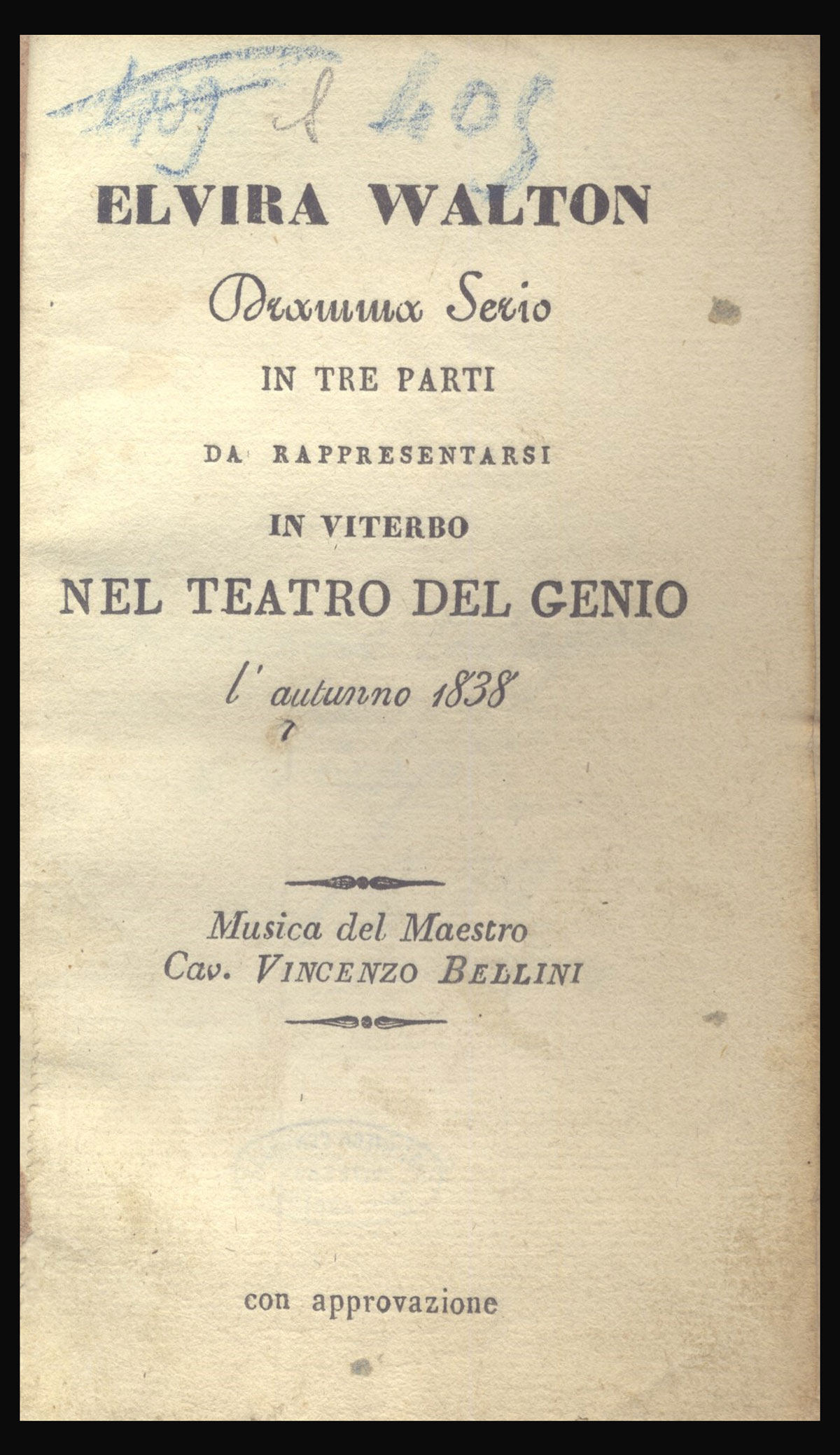 Viterbo, 1838. Teatro del Genio: "Elvira Walton"