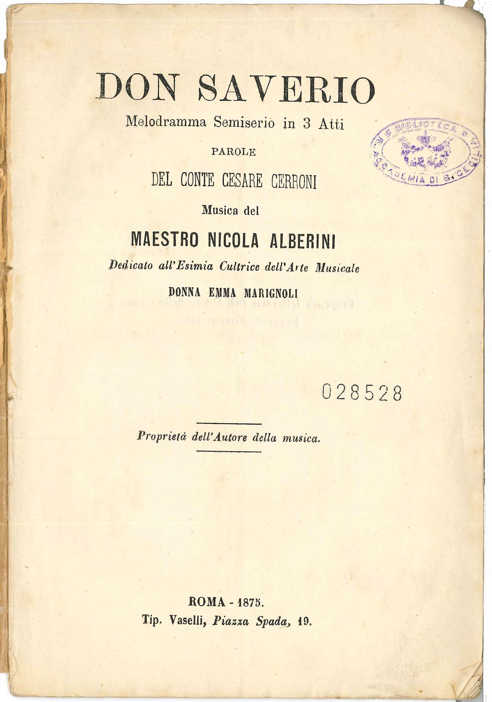 Roma, 1875. "Don Saverio" del Conte Cesare Cerroni di Sezze