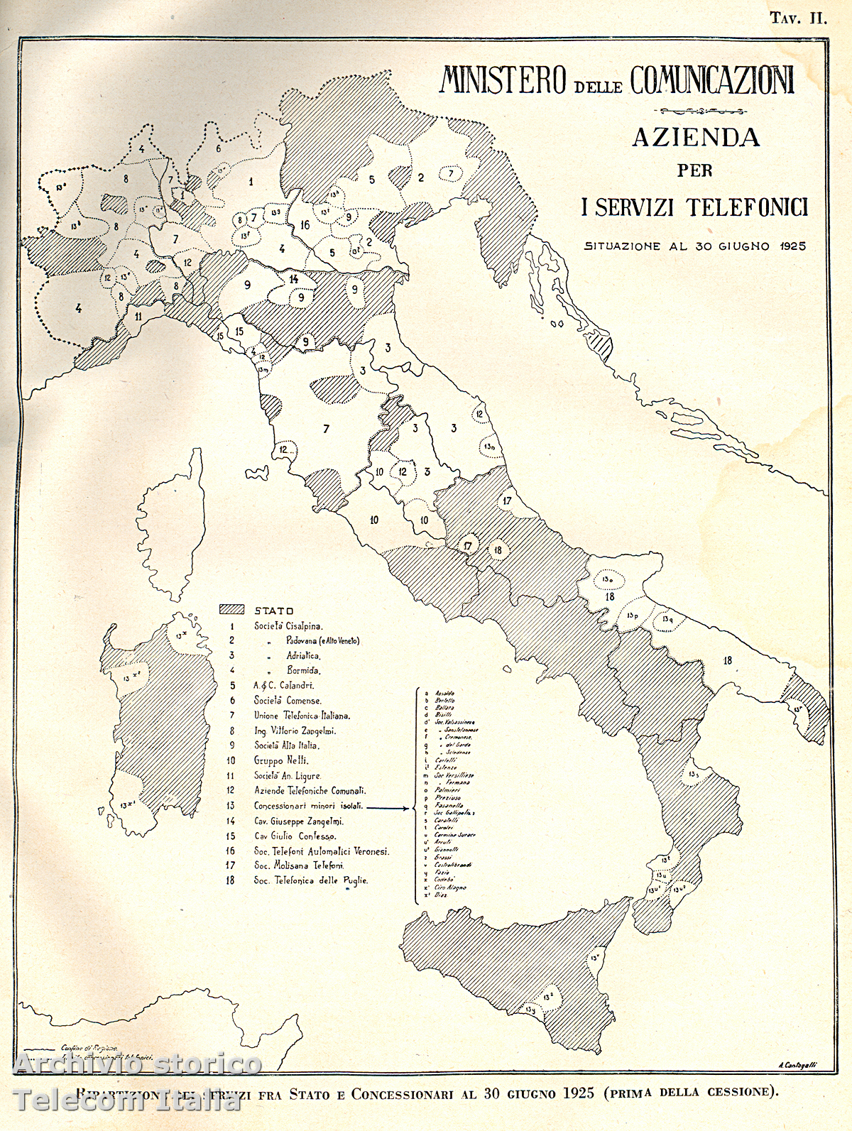 Carta d&rsquo;Italia con la ripartizione del servizio telefonico tra Stato e Concessionarie al 30 giugno 1925 (Archivio storico Telecom Italia)