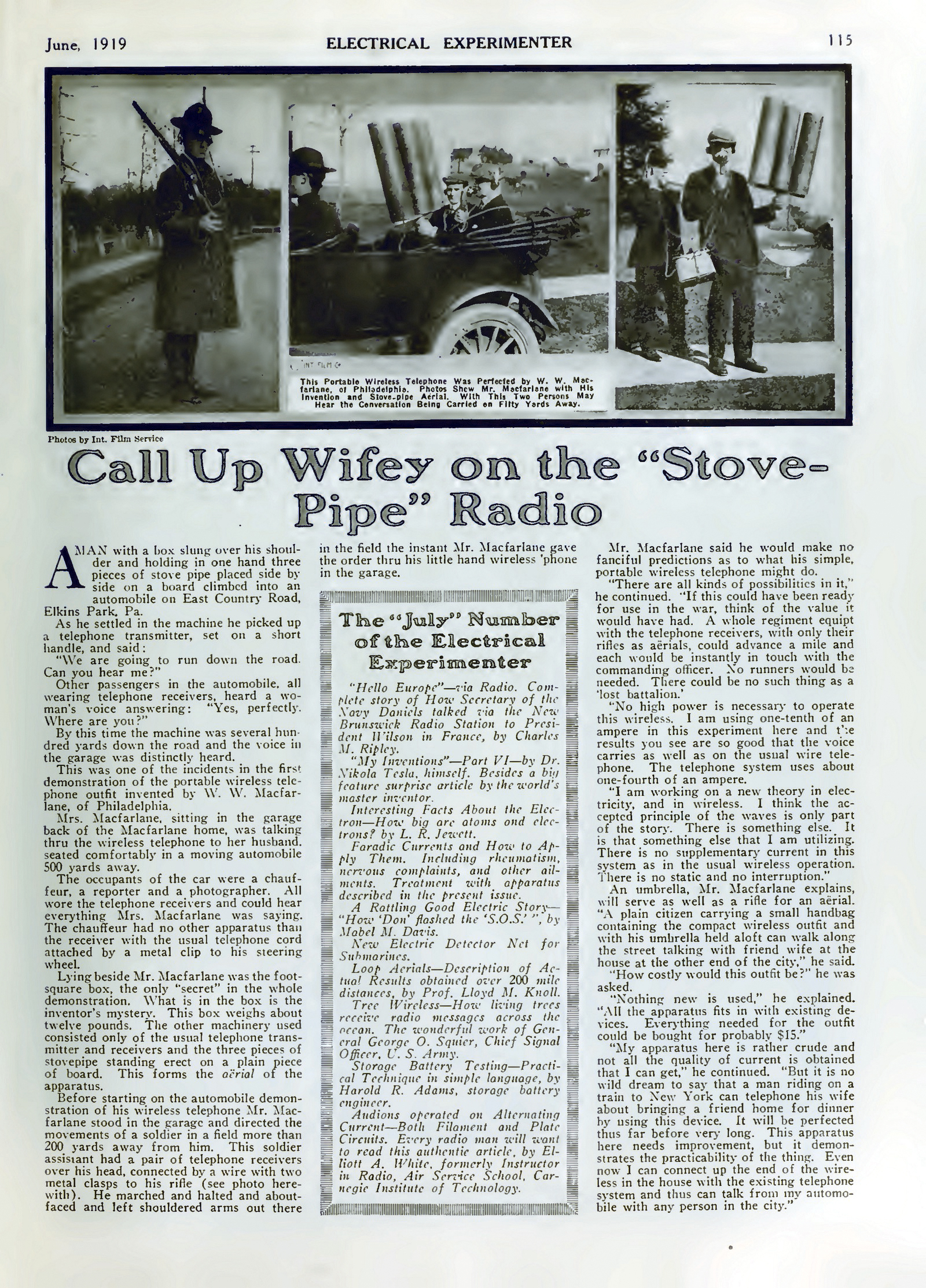 Articolo da &laquo;Electrical Experimenter&raquo;, giugno 1919, p. 115