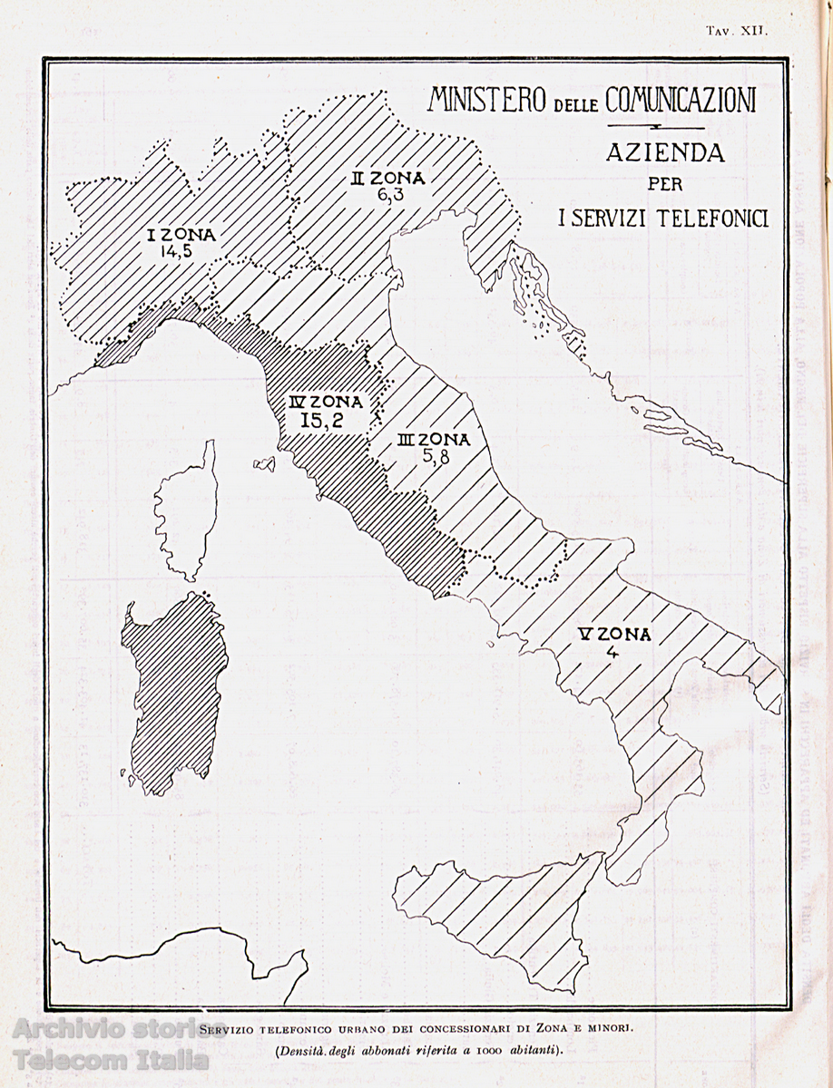 Carta d&rsquo;Italia del servizio telefonico urbano: densit&agrave; degli abbonati riferita a 1000 abitanti, 1930-1931 (Archivio storico Telecom Italia)