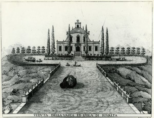 Guglielmo Silvester, Veduta della vasca ed isola di Rivalta, incisione - Biblioteca Panizzi, Reggio Emilia
