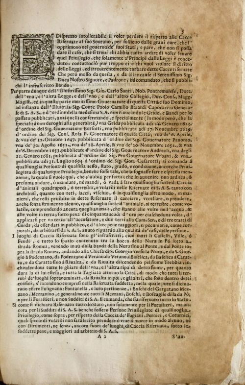 Bando et ordini sopra la caccia, Piacenza 1697, c. A2r
