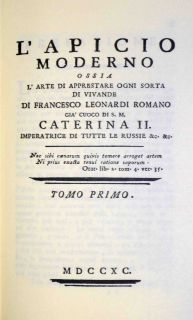Francesco Leonardi, L&rsquo;Apicio moderno, Roma 1790, frontespizio del 1&deg; volume - Biblioteca gastronomica Acadermia Barilla, Parma