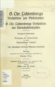 Walther Matz, G. Chr. Lichtenbergs Verhältnis zur Philosophie (1913)